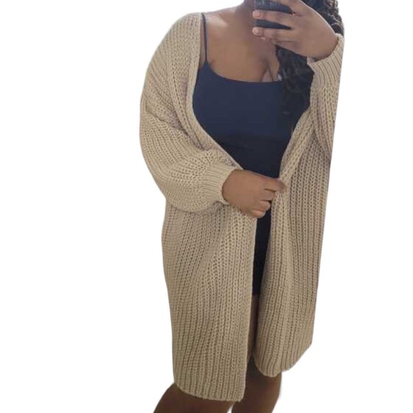 New Open Front Duster Cardigan Oversized Pointelle Drop Shoulder Khaki Knit Cozy - Picture 10 of 16